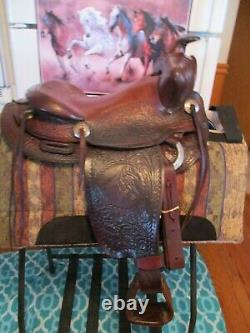 14'' Vintage Western Brown Leather Slick Seat Trail Ranch Saddle #260