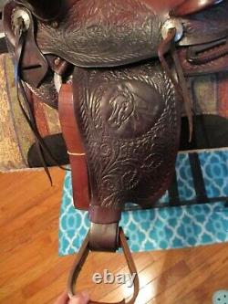 14'' Vintage Western Brown Leather Slick Seat Trail Ranch Saddle #260