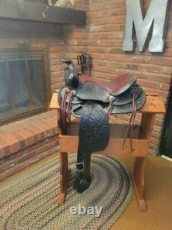 14 inch vintage floral tooled black leather Western saddle