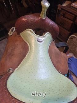 15.5 Green Ostrich Billy Cook Barrel Saddle
