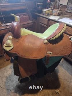 15.5 Green Ostrich Billy Cook Barrel Saddle