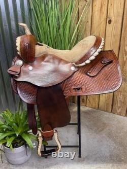 15 ALAMO Basket Tooled Western Barrel Horse Saddle Semi Bar