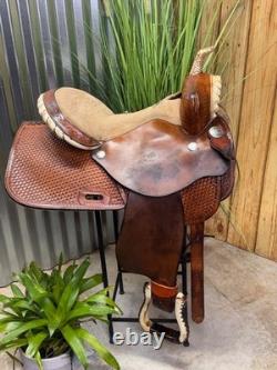 15 ALAMO Basket Tooled Western Barrel Horse Saddle Semi Bar