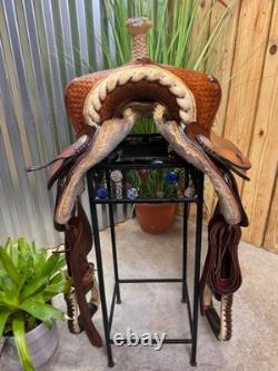 15 ALAMO Basket Tooled Western Barrel Horse Saddle Semi Bar