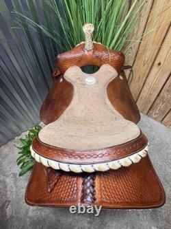 15 ALAMO Basket Tooled Western Barrel Horse Saddle Semi Bar