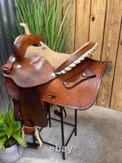 15 ALAMO Basket Tooled Western Barrel Horse Saddle Semi Bar