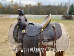 15 Antique Highback Half Seat Western Saddle with Tapaderos Maker's Mark Ille
