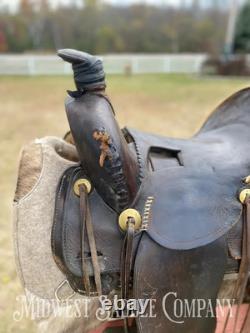 15 Antique Highback Half Seat Western Saddle with Tapaderos Maker's Mark Ille