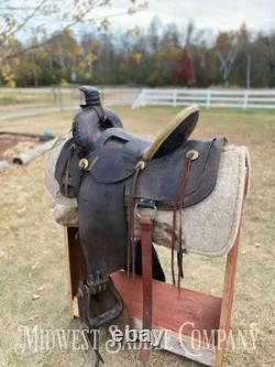 15 Antique Highback Half Seat Western Saddle with Tapaderos Maker's Mark Ille