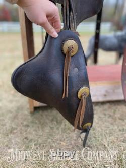 15 Antique Highback Half Seat Western Saddle with Tapaderos Maker's Mark Ille
