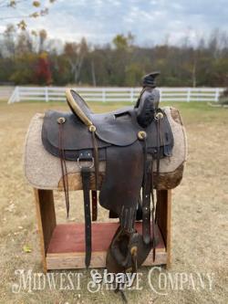 15 Antique Highback Half Seat Western Saddle with Tapaderos Maker's Mark Ille