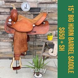 15 Big Horn Barrel Saddle- #1511 Deep Seat, Western, Oak Leaf, Clean
