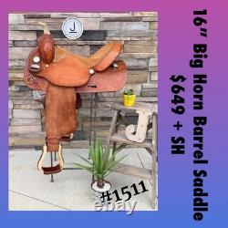 15 Big Horn Barrel Saddle- #1511 Deep Seat, Western, Oak Leaf, Clean