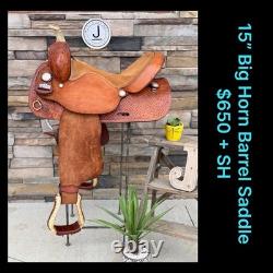 15 Big Horn Barrel Saddle- #1511 Deep Seat, Western, Oak Leaf, Clean
