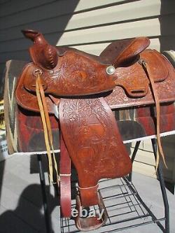 15'' Big W Saddlery Full Qh Bars Western Floral Tooled Trail Saddle #1200 27#