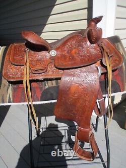 15'' Big W Saddlery Full Qh Bars Western Floral Tooled Trail Saddle #1200 27#