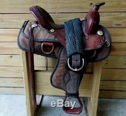 15 Brown Wyoming Custom Cordura Western Saddle w Tooling WIDE DRAFT Made in USA