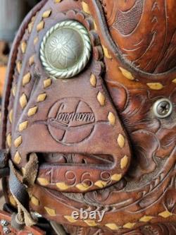 15 Buck Stitch Longhorn Tooled Leather Western Saddle & Matching Back Cinch