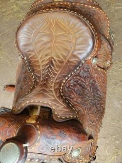 15 Buck Stitch Longhorn Tooled Leather Western Saddle & Matching Back Cinch