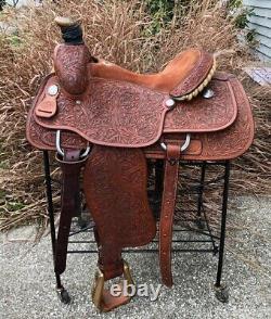 15 GARROUTTE (Circle G) Western Roping Saddle Oak Leaf Tooled