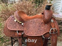 15 GARROUTTE (Circle G) Western Roping Saddle Oak Leaf Tooled