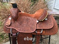 15 GARROUTTE (Circle G) Western Roping Saddle Oak Leaf Tooled