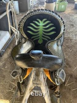 15 Green Black Synthetic Western Saddle Orange Fleece Leaf Design Silver