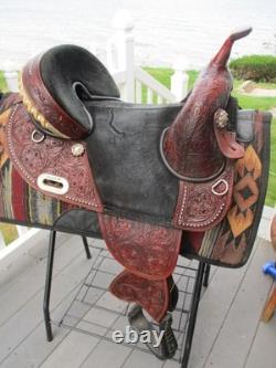 15'' HILASON Western Treeless Barrel/Trail Leather Saddle USA 6-8'' GULLET