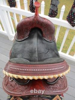 15'' HILASON Western Treeless Barrel/Trail Leather Saddle USA 6-8'' GULLET