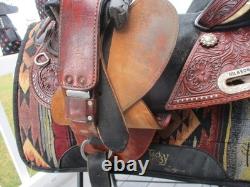 15'' HILASON Western Treeless Barrel/Trail Leather Saddle USA 6-8'' GULLET