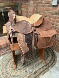 15 Inch Vintage Buckstiched Saddle With Leather Tooled Saddle Bags