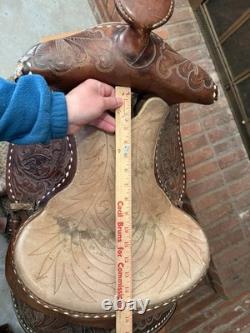 15 Inch Vintage Buckstiched Saddle With Leather Tooled Saddle Bags