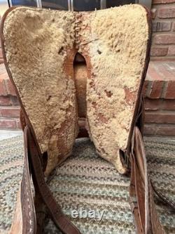 15 Inch Vintage Buckstiched Saddle With Leather Tooled Saddle Bags