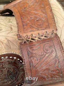 15 Inch Vintage Buckstiched Saddle With Leather Tooled Saddle Bags
