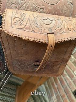 15 Inch Vintage Buckstiched Saddle With Leather Tooled Saddle Bags