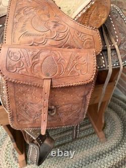 15 Inch Vintage Buckstiched Saddle With Leather Tooled Saddle Bags