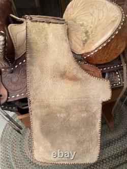 15 Inch Vintage Buckstiched Saddle With Leather Tooled Saddle Bags