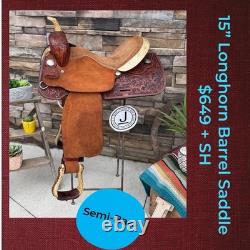 15 Longhorn Barrel Saddle- Deep Seat, Western, Floral, Quality, Semi-Bars
