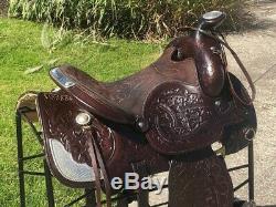 15 Simco #5567 Dark Oil Tooled Western Horse Saddle w Silver Trim & Smart Cinch