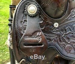 15 Simco #5567 Dark Oil Tooled Western Horse Saddle w Silver Trim & Smart Cinch