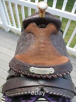 15'' TEXTAN HEREFORD TOOLED Brown leather western Equitation saddle QH BARS