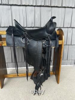 15 Tooled Black Vintage Saddle With Tapadero Stirrups & New Sheepskin RESTORED