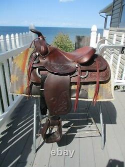 15'' Vintage Hereford Textan Roper Brown Leather Western Tooled Saddle Sqhb 32.2