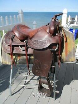 15'' Vintage Hereford Textan Roper Brown Leather Western Tooled Saddle Sqhb 32.2