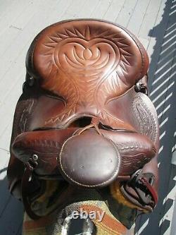 15'' Vintage Hereford Textan Roper Brown Leather Western Tooled Saddle Sqhb 32.2