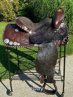 15 Vintage Tooled Western Horse Saddle w Silver Conchos