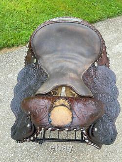 15 Vintage Tooled Western Horse Saddle w Silver Conchos