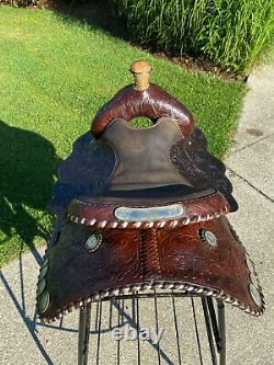 15 Vintage Tooled Western Horse Saddle w Silver Conchos