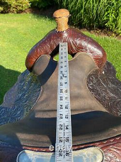 15 Vintage Tooled Western Horse Saddle w Silver Conchos