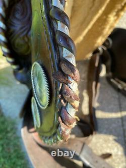 15 Vintage Tooled Western Horse Saddle w Silver Conchos